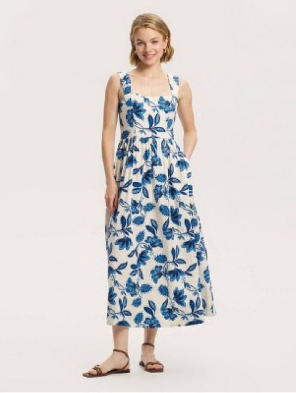 Women's Wide Straps Midi A-Line Dress - A New Day" White Floral